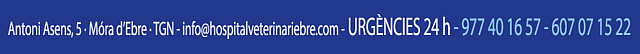 CONTACTA AMB L'HOSPITAL VETERINARI DE L'EBRE - INFO@HOSPITALVETERINARIEBRE.COM - 977 40 16 57 - 607 07 15 22