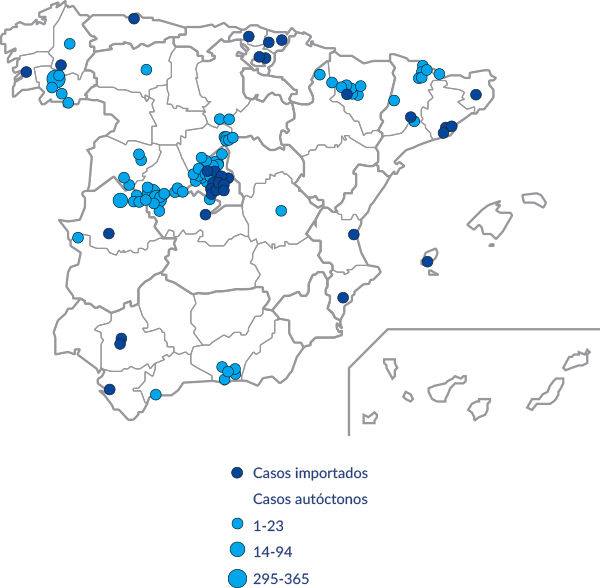 Mapa de distribució de casos registrats de Thelaziosis a Espanya